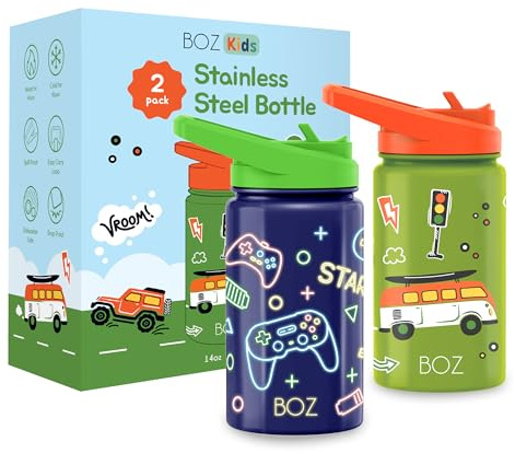 BOZ Botella Agua Niños con Pajita - Botella Agua Acero Inoxidable 414 ml, Botella Térmica Aislamiento Doble Pared Sin BPA, Botella Isotérmica Antiderrame con Asa (Paquete de Dos, Juego/Coches)