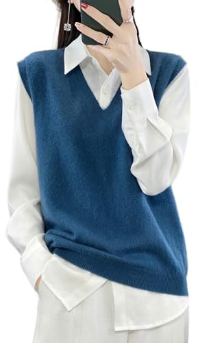 Ailaile Gilet in maglia da donna con scollo a V, 100% lana merino leggera, senza maniche, pullover basico, top corto, Blu inchiostro, XX-Large