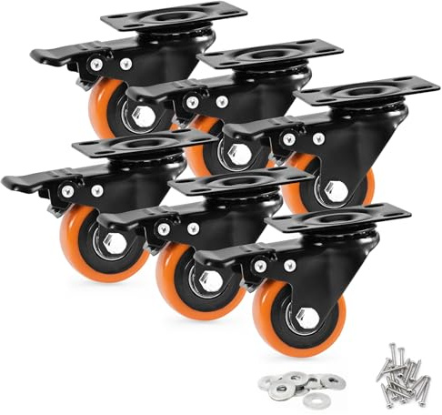 Caster Wheels, Heavy Duty 50mm Casters Set of 6, Locking Swivel Casters Wheels for Cart, Furniture and Workbench, Orange
