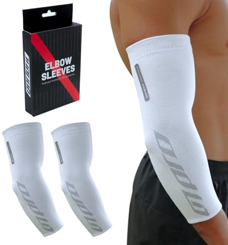 Gorletic Coderas de Compresión Deportivas (Par) – Mangas de Soporte para Codos – Antideslizantes y Elásticas para Calistenia, Fitness, Gym – Hombre/Mujer (Blanco, Medium)