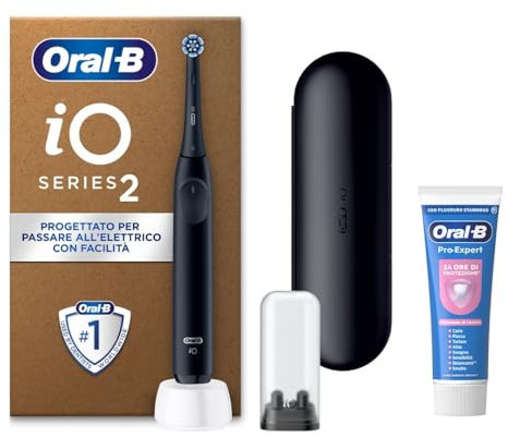 Oral-B Spazzolino Elettrico Ricaricabile iO 2 Nero, 1 Spazzolino Elettrico, 1 Testina Di Ricambio, Custodia Da Viaggio, Supporto per testine + 1 Dentifricio Oral-B Pro-Expert, Pulizia Denti