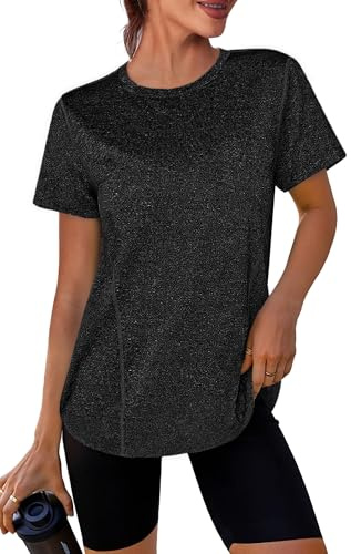 Crewhpo Maglietta Sportiva Donna Traspirante Maglia Palestra Maniche Corte Top Sportivo Fitness Girocollo Magliette Tecniche Asciugatura Rapida T Shirt Trekking per Yoga Tennis Golf Jogging S-XXL
