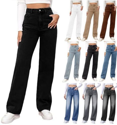 Nlaayong Jean Large Femme Jean Femme Taille Haute Coupe Droite Straight Jambe Large Jeans en Denim Automne Hiver Jeans Droit À Jambe Y2k avec Plusieurs Poches pour Le Yoga Jogging et Le Gymnase