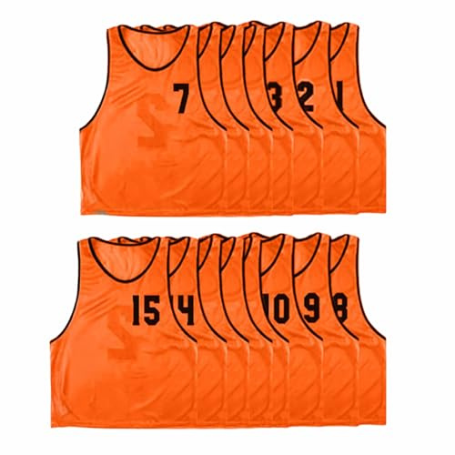 PEGANE Lot de 15 chasubles numérotées Recto-Verso de 1 à 15 de Taille Large, Gilet d'entrainement Couleur Orange