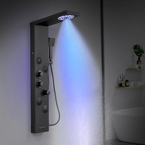 KINKIBOS Pannello doccia termostatico a torre – Colonna doccia a 6 modalità con LED pioggia e nebbia, 4 getti massaggianti, doccetta e beccuccio per vasca da bagno, in acciaio inox, nero opaco