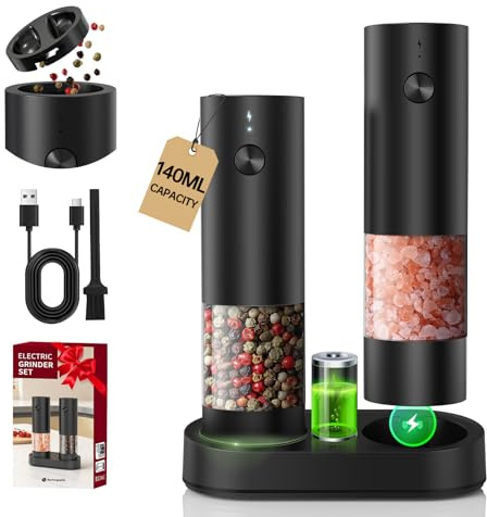 CIRCLE JOY Electric Salt and Pepper Grinder Set with 2-in-1 Charging & Storage Base, Rechargeable Automatic Pepper Mill, Adjustable Coarseness, LED Light, 140ml Capacity