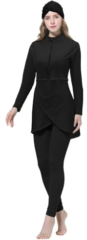 Muslim Swimsuits for Women 3pcs Long Sleeve Built-in Bra Swimming Tops Swimming Pants Hijab Burkini Full Cover Swimwear Swimming Costume Women Black