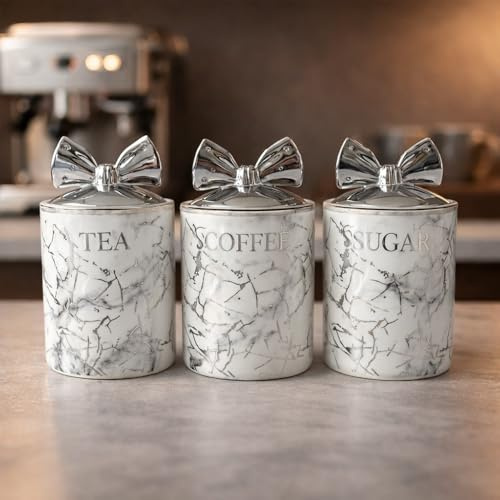 BMLIMITED BML Marble Tea Coffee Sugar Canister Set With Silver Bow Lids Ceramic Kitchen Storage Jars Suitable For Countertop Use Modern Home Decor Containers For Everyday use (White)