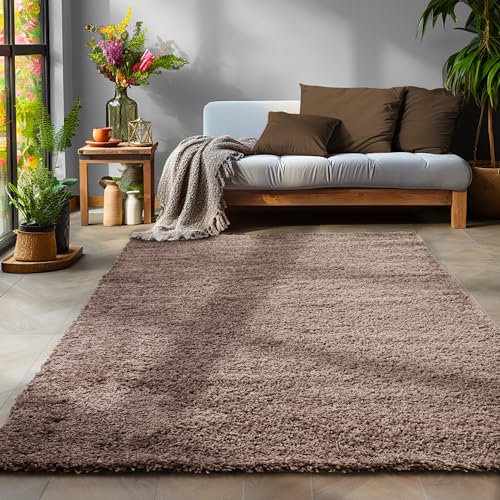 SIMPEX Flauschiger Teppich Wohnzimmer Schlafzimmer Läufer Flur Esszimmer Küchenteppich Hochflor Einfarbig Modernes Design 30 mm Florhöhe Kuschelweich, Taupe, 100 x 200 cm