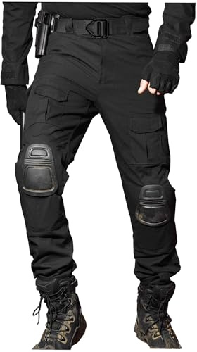 WISEONUS Fightbyxor med knäskydd cargobyxor för män, taktiska arbetsbyxor, CS cosplay-spel, flera fickor, svart, XXL