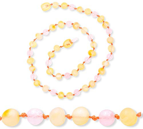 Genuine Baltic Amber Necklace - Raw not Polished Amber wit Rose Quartz Beads - Knotted Between Beads - Rose - 30 cm