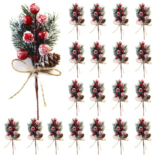 HanOBC 20 Pcs Red Berry Stems Artificial Pine Picks Branches Christmas Floral Picks and Sprays Holiday Winter Floral Picks for Garland Wreath Xmas Decor, 15cm/5.9inch