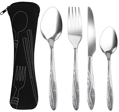 4 Pcs Cutlery Set with Portable Pouch Case, Stainless Steel Knife and Fork Flatware Set Camping Utensil Set for Picnic School Office Mirror Polished Dishwasher Safe(Black)
