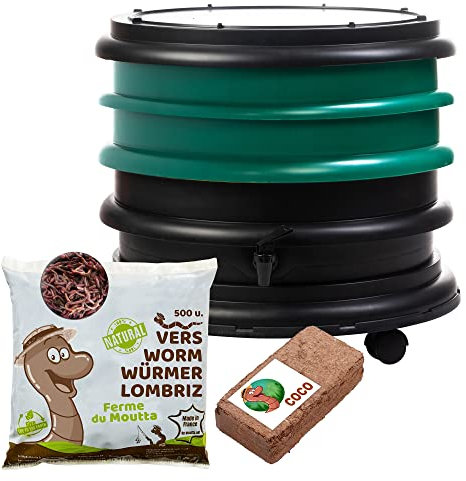 WORMbox | Vermicompostador Compostera 2 bandejas Verde Oscuro + 250g de Lombrices / 500 und + 1 Coco | 32 litros | Composta residuos orgánicos, lombrices producen Humus de Lombriz