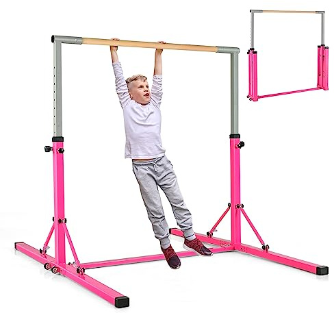GOPLUS Barre d'Entraînement de Gymnastique en Acier, Largeur/Hauteur Réglables, Charge 100-120kg, Barre de Gymnastique pour Enfants de 6 à 12 Ans, Idéal pour Gym, Maison