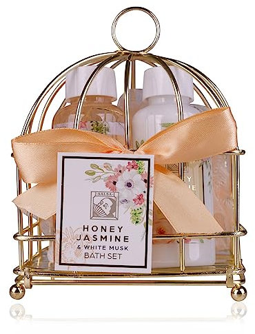 Accentra Set doccia da donna Honey JASMINE in un bellissimo cesto metallico – Set di 3 pezzi con gel doccia, lozione per il corpo e spugna da bagno – Set regalo per compleanno, San Valentino