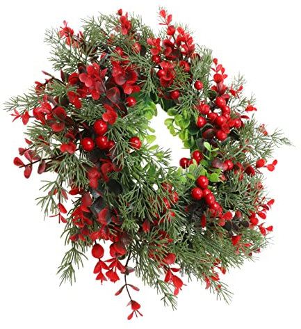 jojofuny 35cm Weihnachtskranz Adventskranz Roter Beerenkranz Weihnachten Kerzenkranz Kerzenring Winterkranz Tannenkranz Bauernhaus Kiefer Girlande für Weihnachten Party Türdeko Wanddeko Rot