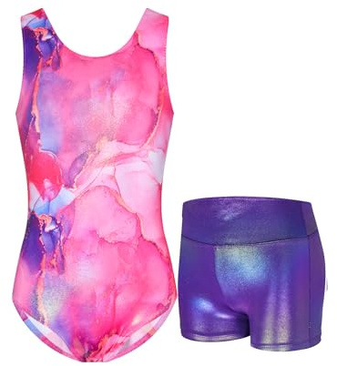 Nokecina Leotards for Girls Gymnastics 5-6 Years Old Sparkly Purple Gold Tumbling Outfit with Short Practice Bodysuits
