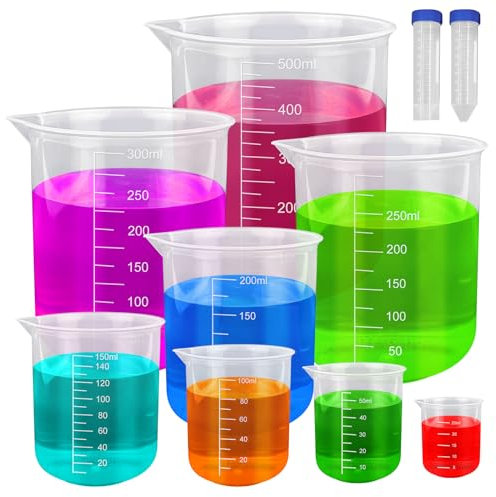 ADNEWX 10 Pezzi Misurino Graduato Set, Trasparente Misurino di Plastica 25/50/100/150/200/250/300/500 ml Contenitore Graduato con 2 Tubo da Centrifuga per Cucina e Laboratorio
