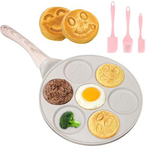 Padella antiaderente per pancake, 26 cm, con sette fori, per crepes Crepes Maker con facce sorridenti, padella per pancake per gas, ecc, padella per uova fritte per omelette, frittelle, hamburger