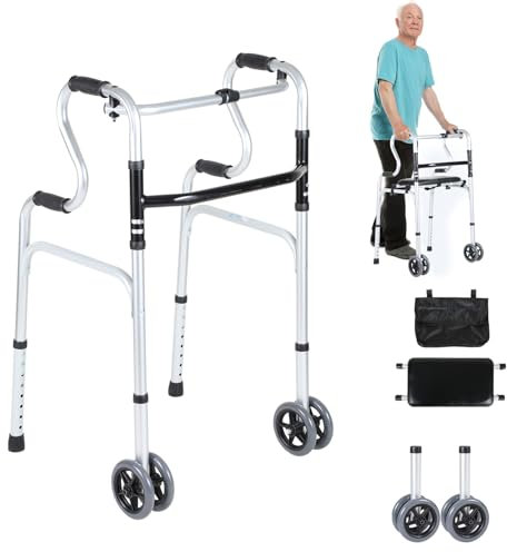 ISOISL Gehhilfe，Gehhilfe für Senioren, Gehbock Klappbarer mit 2 Lenkrollen, Gehhilfe erwachsene Gehgestell höhenverstellbar aus Aluminium, Rutschfest Stabil Gehwagen Bis 180 kg, Silber