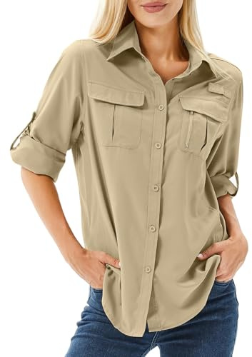 Winebox Women's UPF 50 Shirts Long Sleeve Sun Protection UV Quick Dry Casual Outdoor Safari Walking Fishing Hiking Travel Shirts(Khaki-s)