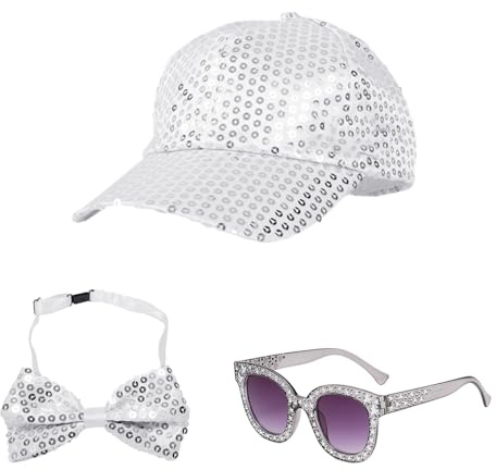 COACOM Gorra De Béisbol De Lentejuelas, Gafas De Sol, Corbata De Lazo - Traje De Ropa Brillante Para Decoración De Fiesta De Discoteca, Personalidad y Moda