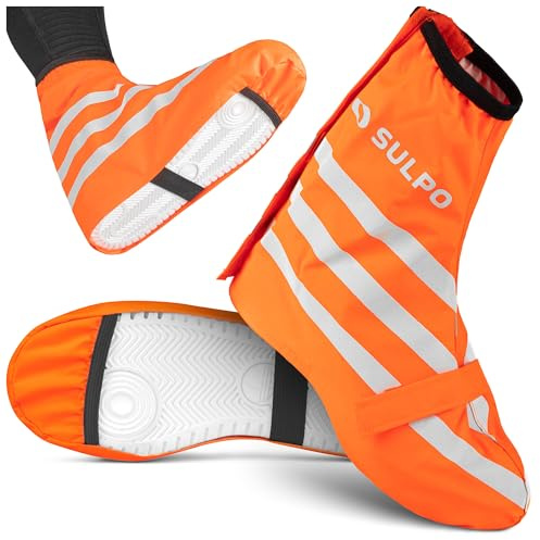 SULPO Copriscarpe impermeabile, parapioggia, copriscarpe per bicicletta e moto, chiusura lampo, riutilizzabile, taglia 35-38, arancione fluo