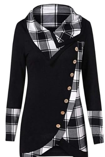 Camisa de manga larga para mujer, cuello vuelto, patrón de botones a cuadros con dobladillo asimétrico, estilo casual de empalme, blusa tipo túnica para todas las estaciones, 1a-negro, 4XL