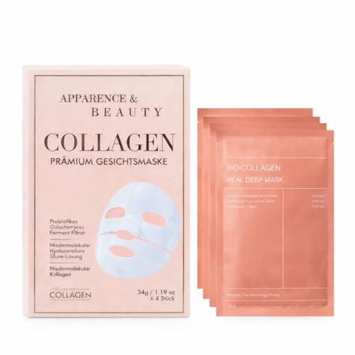 Ekologisk kollagen ansiktsmask – naturlig tygmask med organiskt kollagen & hyaluron – fuktgivande, uppstramande och anti-åldrande – för alla hudtyper – 4 stycken