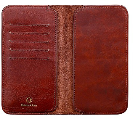 Cronus & Rhea | Smartphone handväska läder (Cerberus) | Kompatibel med Apple iPhone Samsung Galaxy | korthållare - fodral | äkta läder | med elegant presentask | män – kvinnor (mörkbrun, L)