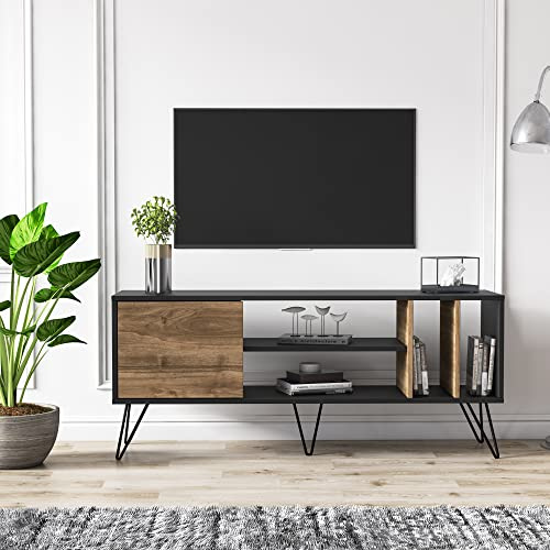 DECOROTIKA Mistico TV Stand TV Unit and Media Console with Cabinets and Open Shelves | 140 cm Wide | Accommodates TVs up to 60'' | Space Saver (Walnut & Black)