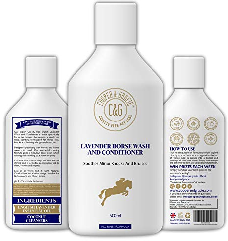 Cooper and Gracie - Lavanda para caballo y acondicionador de 500 ml | Alivia golpes menores y moretones | Potente champú orgánico natural para caballos | Brilla y limpia eficazmente la cola de melena