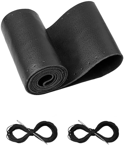 Belinous Leather Steering Wheel Cover Lace Up, Stitch on Steering Wheel Wrap, Universal Fit 13-20 Inch Car Truck Pickup Boat, A Whole Piece of Cowhide, DIY w/Needle Thread (Size L4, Black)