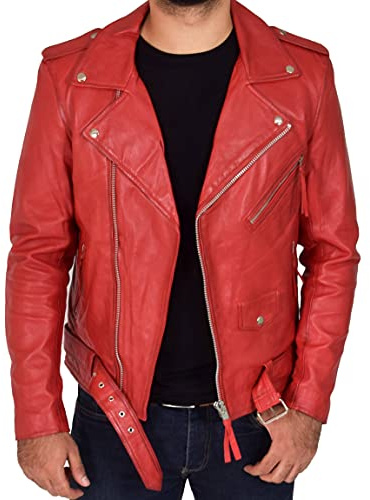 ASST - Giacca da uomo in vera pelle morbida, con cintura, colore: Nero cognac rosso bob, Rosso, XL