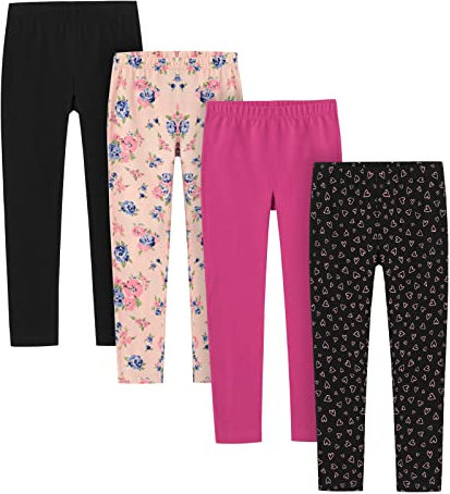 LAPASA Flickor 4-Pack Leggings, Sportleggings Fritidsleggings Av Bomull, 3-13 År G11, Svart, Rosa Blommor, Rosa Hjärtan, 13 År