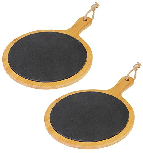 Westmark Lot de 2 planches de service rondes en bambou et ardoise naturelle avec poignée, dimensions : 33 x 23 x 1 cm, bambou/ardoise, tapas + Friends, marron clair/anthracite