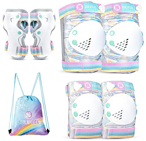 SULIFEEL Rainbow Unicorn Knee Pads for Kids Knee Elbow Pads Wrist Guards with Drawstring Bag Adjustable Protective Gear Set for Girls Boys Roller Skating Bike Cycling Skateboard Scooter Shiny Small