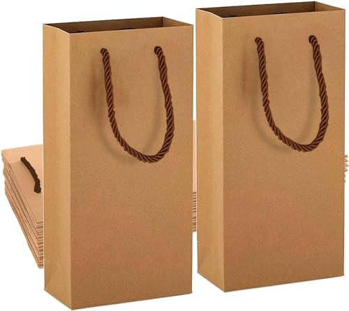 Wein-Geschenktüten aus Kraftpapier, 10 Stück Kraftpapier-Doppelflaschen-Aufbewahrungstasche für Weihnachten, Hochzeit, Party (Braun)
