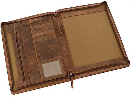 MoreThanHip Chester Schreibmappe A4 Vintage Braun - Handgefertigte Dokumentenmappe mit Reißverschluss aus Öko-Leder Premium Konferenzmappe Aktenmappe Fach für Tablet