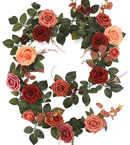 Garisey 5FT Terracotta Artificial Flower Garland Fall Floral Garland Burnt Orange Arch Rose Vine for Wedding Ceremony Party Backdrop Decor Arch Flowers Mantel Table Centerpieces Decorations