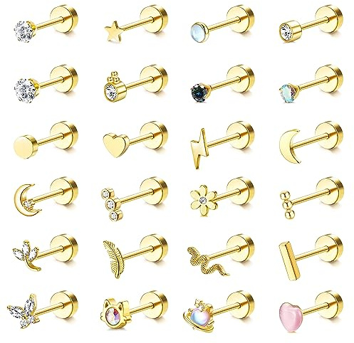Adramata 24Pcs Pendientes y Piercing para Mujer en Acero Inoxidable - Cartílago Tragus Helix Pequeños Mariposa Flor - Joyería en Plata y Oro