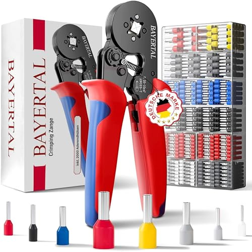Bayertal® pinza crimpatrice con 2000 puntalini inclusi, crimpatura a quattro lati per cavi e fili 0,25–10 mm². Utensile professionale per elettricisti e fai-da-te.