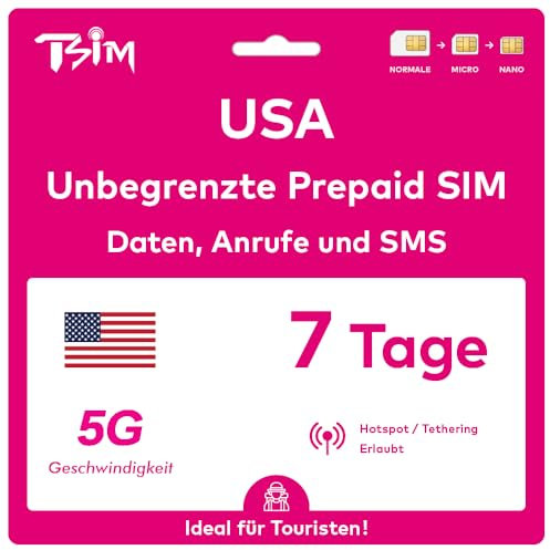 Scheda SIM USA valida per 7 giorni. Rete T-Mobile con dati illimitati ad alta velocità su 5G/4G/LTE | Chiamate e SMS locali illimitati negli Stati Uniti (inclusa Hawaii). Scheda SIM 5G!