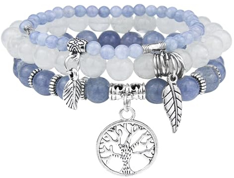 JUZICHEN 3 stycken boho armband set kvinnor kvinnor, yoga armband 17–24 cm, natursten armband med livets trädhänge, sommar färgglada armband för kvinnor