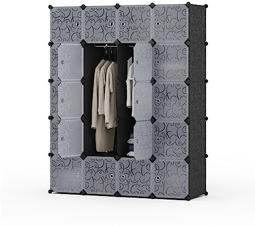 Mondeer 35x45cm Regalsystem Kleiderschrank, 20 Würfel Wardrobe mit 3 Kleiderstangen, Stapelbar Faltschrank, für Schlafzimmer Kleidung Spielzeug