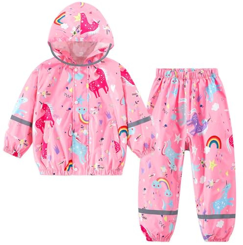 Domueay Tuta Impermeabile Bambina Giacca & Pantaloni Antipioggia Leggero Traspirante Tuta Pioggia Riflettente Completo Antipioggia con Cappuccio Ragazze 5-6 Anni, 110-116 Rosa