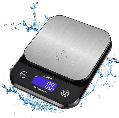 Bilancia da cucina digitale, 5 kg (precisione 0,5 g), impermeabile, con display LCD, ricaricabile, in acciaio inox, con 4 unità di misura per cuocere, cucinare, tè, medicina e peso della lettera
