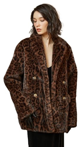 BEAUTELICATE Women’s Faux Fur Teddy Coat Fluffy Lapels Leopard Print Mid-Length Double Breasted Long Sleeve Lined Jacket Coatigan Winter Loose-fit Casual Leisure Overcoat DarkLeopard, M