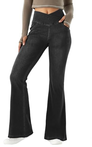 LaiEr Women V Crossover High Waist Tummy Control Casual Fitness Skinny Yoga Pants, Faux Denim Print Women's Bootcut Yoga Pants, Flared Fitness Trousers with Side Pockets